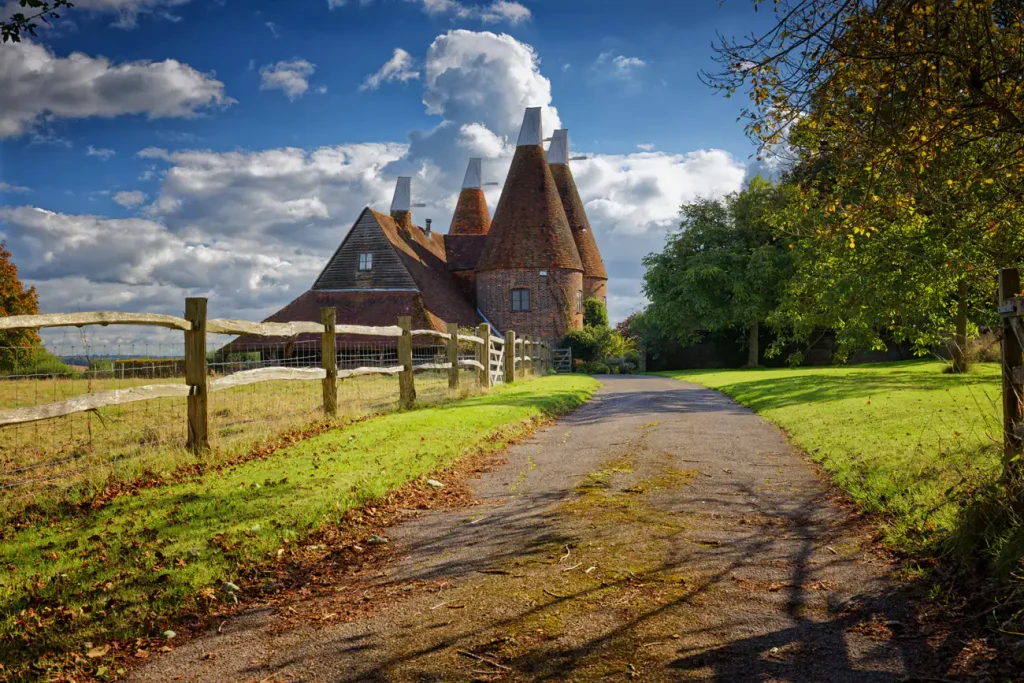 Oast houses with white cowls beside a tree-lined country lane in Kent
